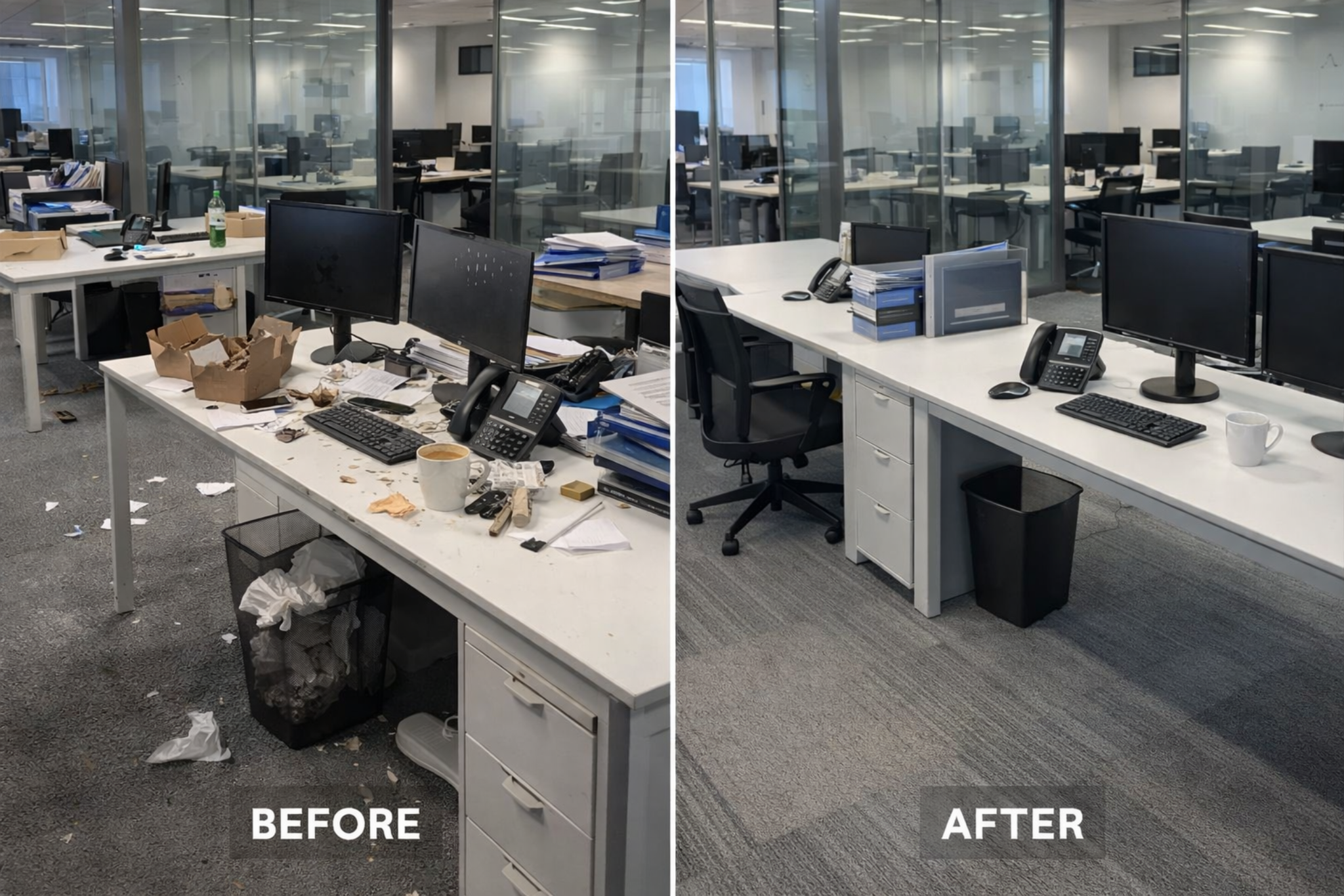 Office desk cleaning before and after — AskMiro London